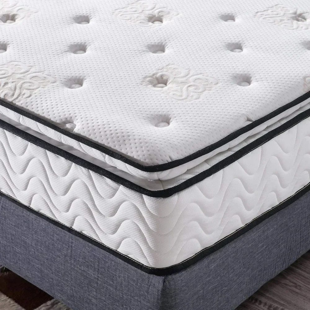 King Mattress 11.4 Inches Pillow Top Pocket Spring Hybrid Mattress, Memory Foam Innerspring Firm Mattress