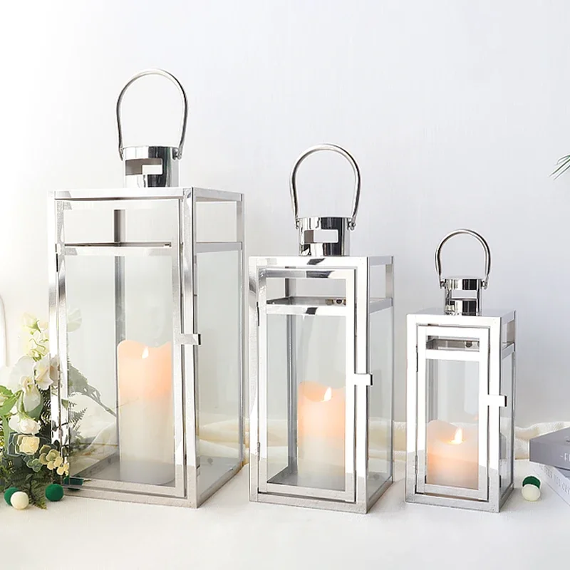 Metal Candle Lantern Set of 3 - Assorted Size (12/15/19 Inch) -Tall Metal Hanging Lanterns with Tempered Panels-Silver