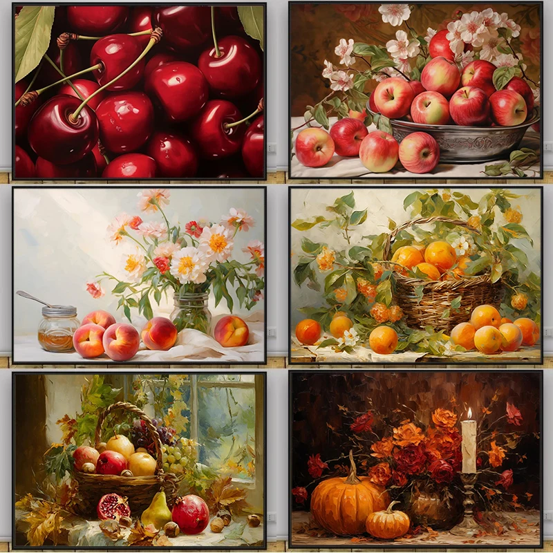 Healing Warm Fruits Vegetables Flowers Still Life  Art Poster Canvas Print Restaurant Kitchen Home Bedroom Wall Decor