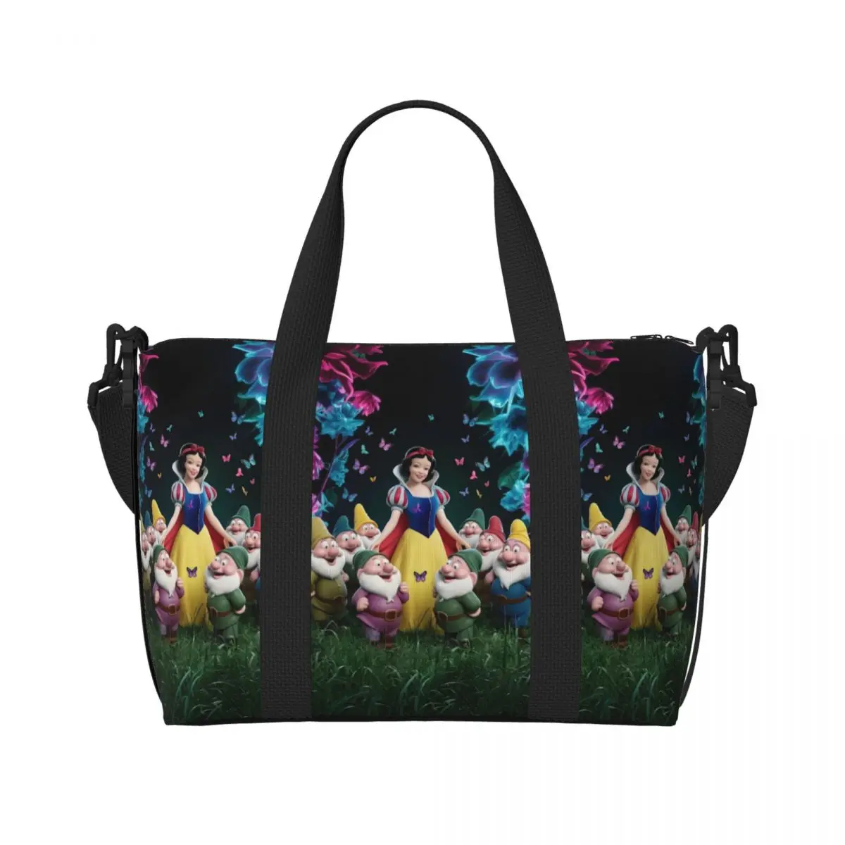 

Custom Snow White And The Seven Dwarfs Beach Tote Bag for Women Priness Cartoon Large Compartment Gym Beach Travel Bags