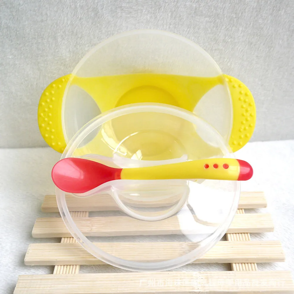 

Baby Suction Bowl Set Yellow Lid Snap-in Spoon Safe Kids Tableware Toddler Learning Feeding Bowl and Spoon Set