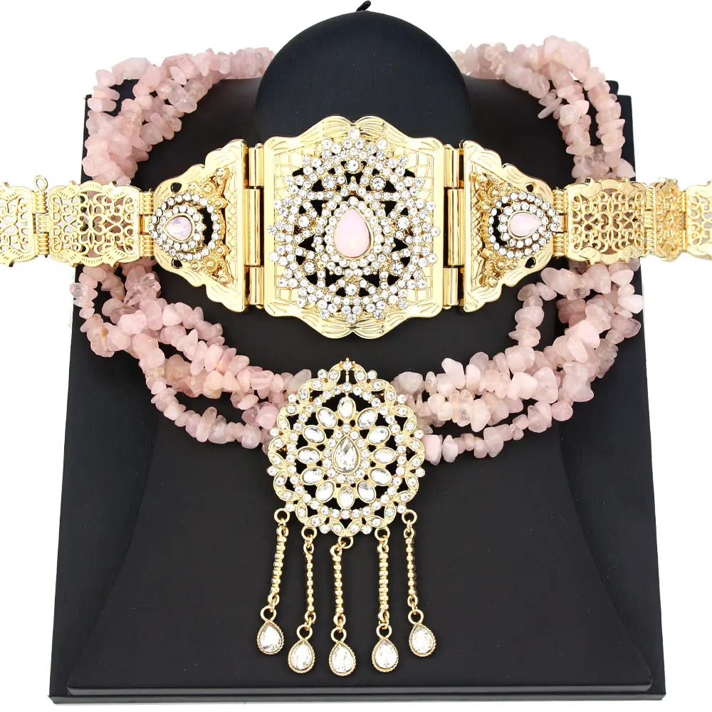 Sunspicems Algeria Moroccan Jewelry Sets Pink Stone Choker Necklace Caftan Belt Waist Chain Adjustable Gold Color Bridal Bijoux