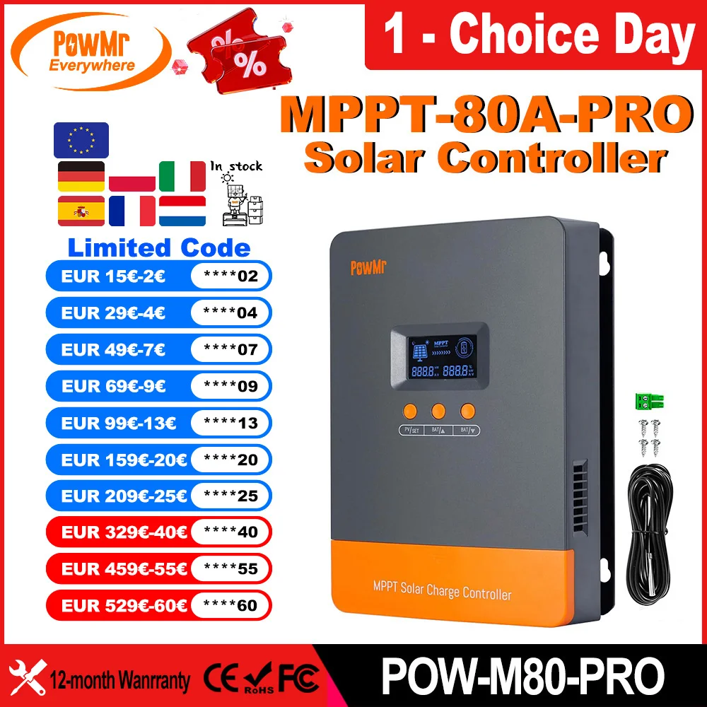 PowMr 80A MPPT Solar Charge Controller Max 160V Panel for 12V 24V 36V 48V Solar Battery Intelligent Regulator Lead-acid/Lithium