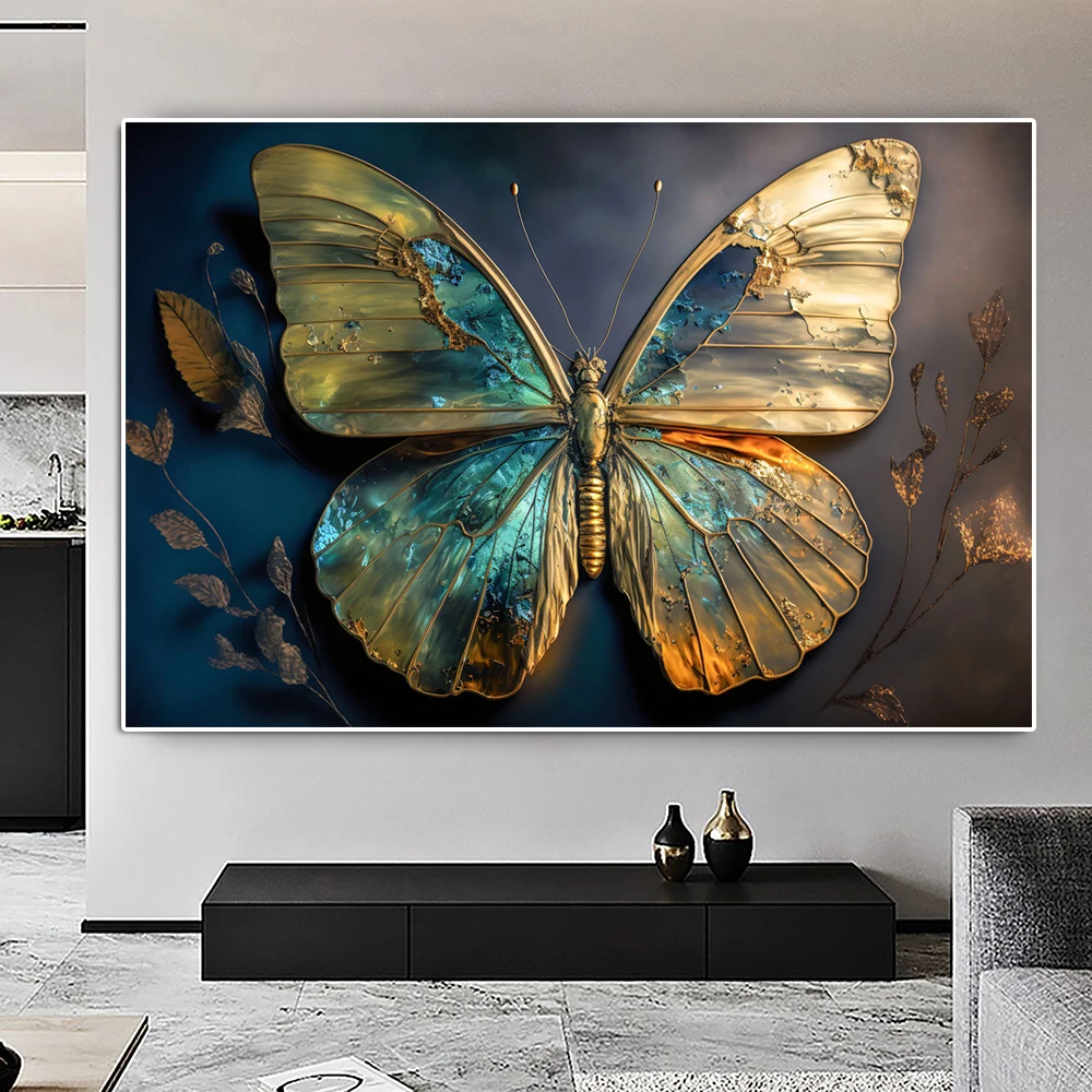 

Abstract Golden Butterfly Sculpture Graffiti Canvas Painting Fashion Animal Specimen Poster And Print Modern Wall Art Room Decor