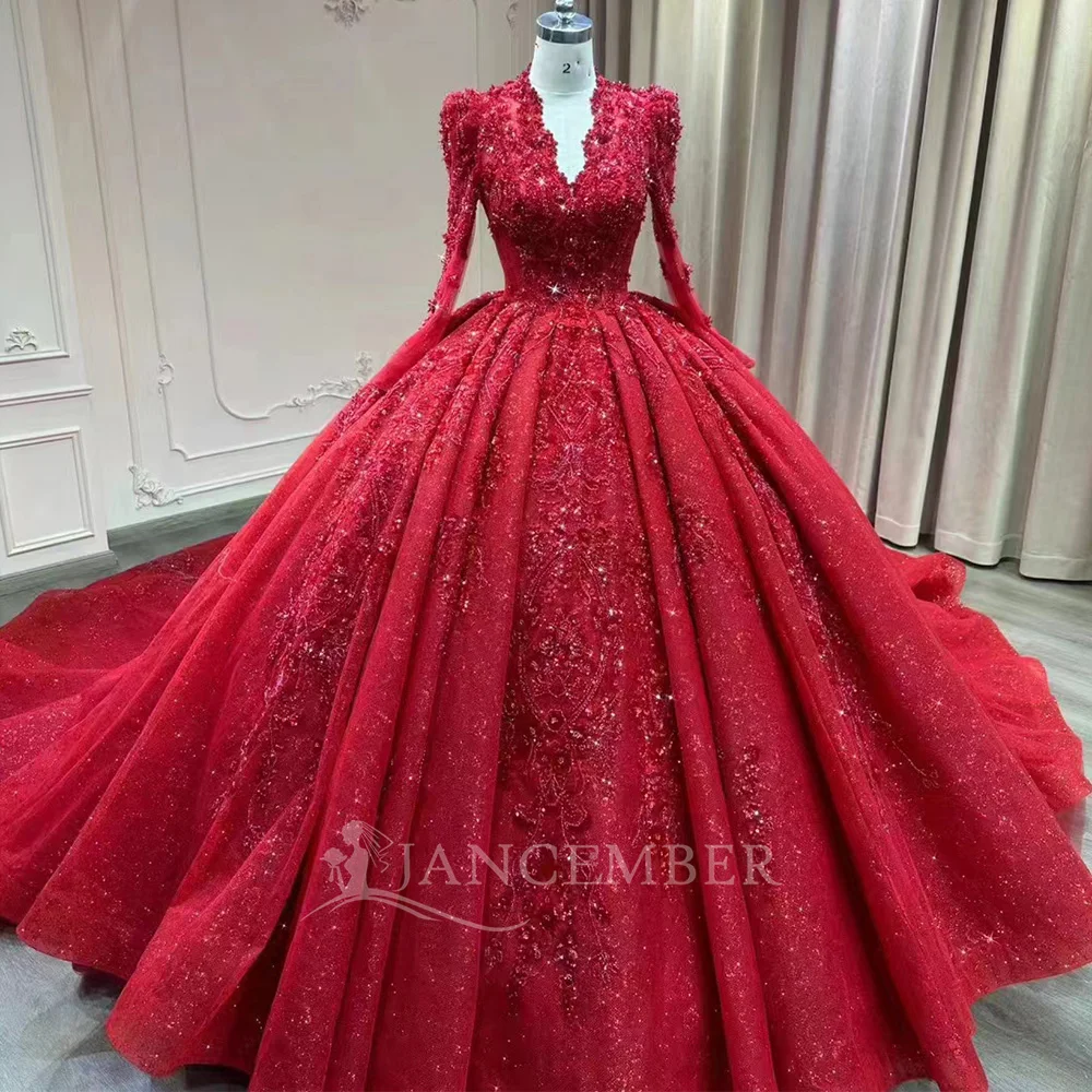 

Роскошные свадебные платья по индивидуальному заказу из органзы с длинными рукавами и бисером, бальное платье принцессы с v-образным вырезом, платье невесты, Vestido de novia Court Trai