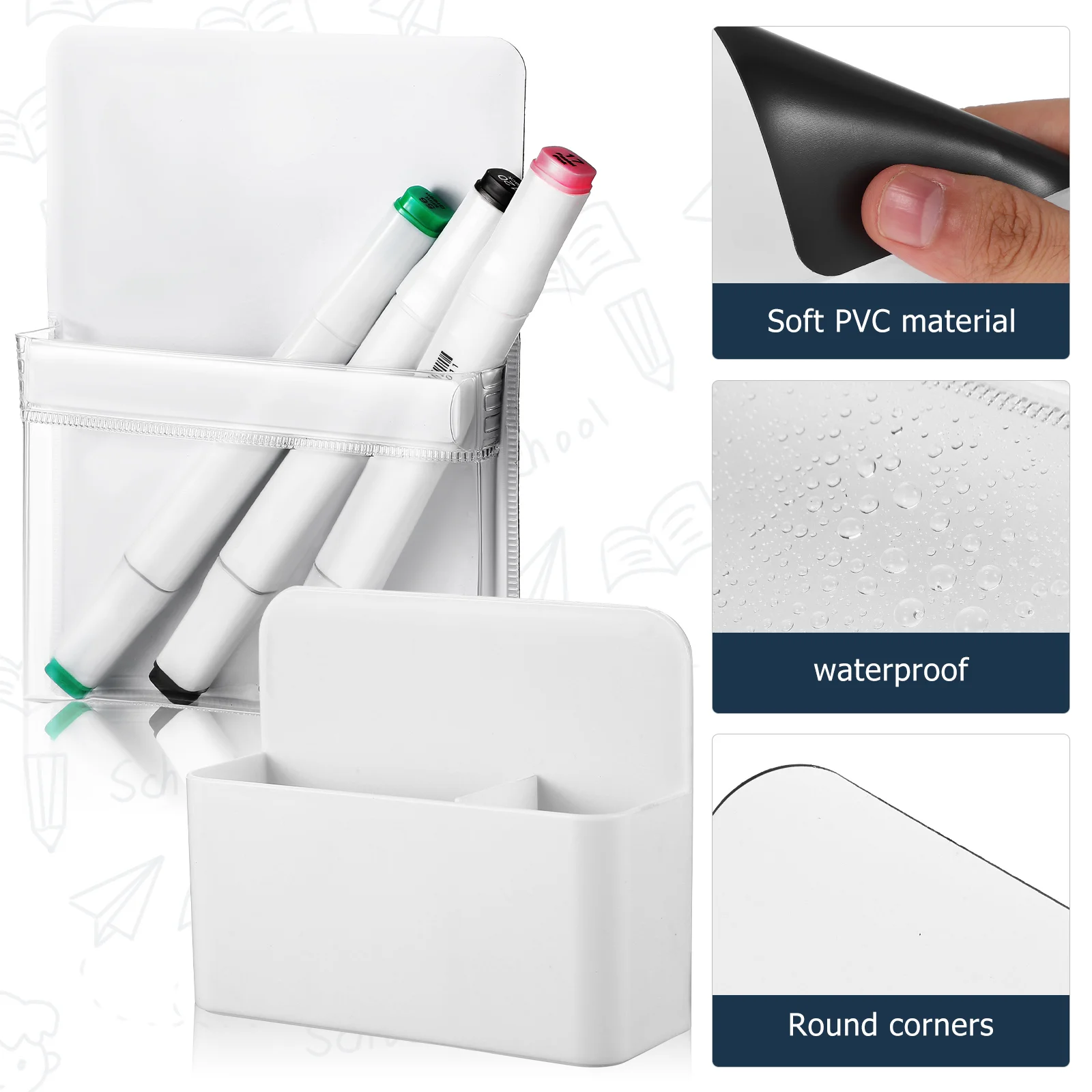 2 Pcs Pen Holder Kit Magnetic ABS PVC Flat Back Strong Adhesive Wall Mountable Desk ganizer Storage Solution Whiteboard Marker