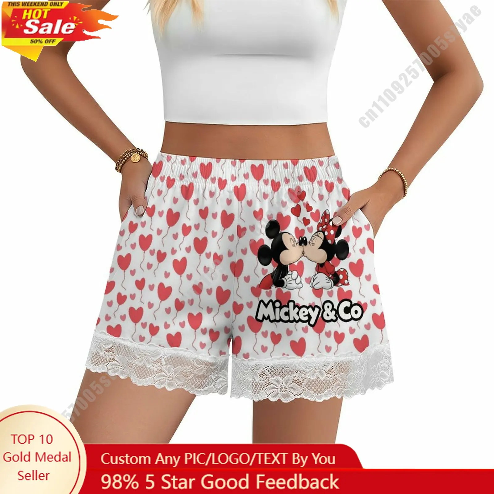

Mickey Minnie Mouse Short Pajama Pants Disney Cartoon Women Summer Lace Trim Thin Panties Custom Loose Home Casual Shorts