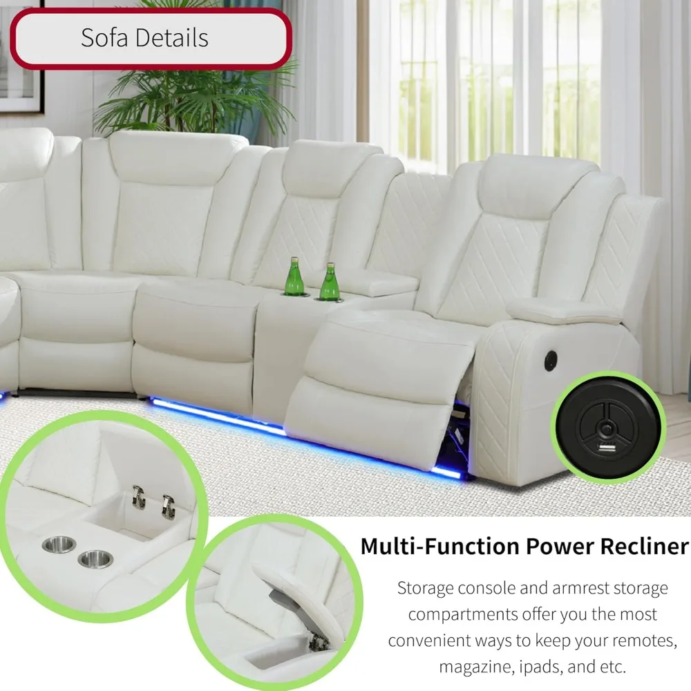 أريكة كرسي كهربائي مقطعية مع ضوء LED لغرفة المعيشة، طقم أريكة زاوية قابلة للاستلقاء من الجلد الهوائي، حامل أكواب.