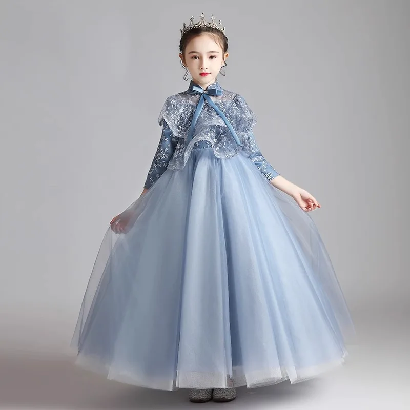 Teen Girls Bridesmaid Dresses for Wedding Blue Lace Party Formal Occasion Dresses Communion Kids Elegant Princess Long Ball Gown