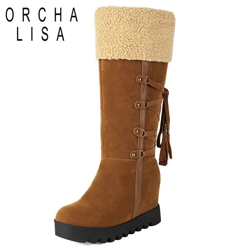 

ORCHA LISA 2025 New Design Women Daily Knee High Boots Round Toe Flock Suede Tassels Increased Heel 8.5cm Large Size 41 42 43