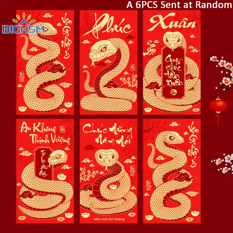 6Pcs 2025 Year Of The Snake Spring Festival Red Envelope New Gift Chinese Zodiac Lucky Lunar Vietnamese Money Pockets