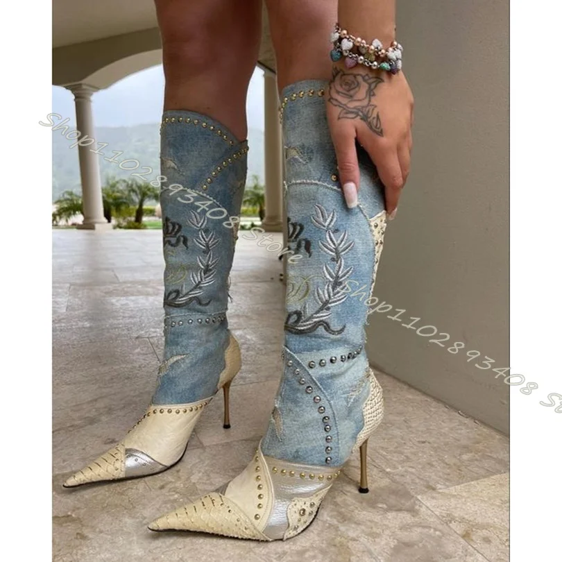 Rivet Embrodier Decor Splicing Boots Pointed Toe Stiletto Heels Back Zipper British Style Party Dress Shoes Zapatos Para Mujere