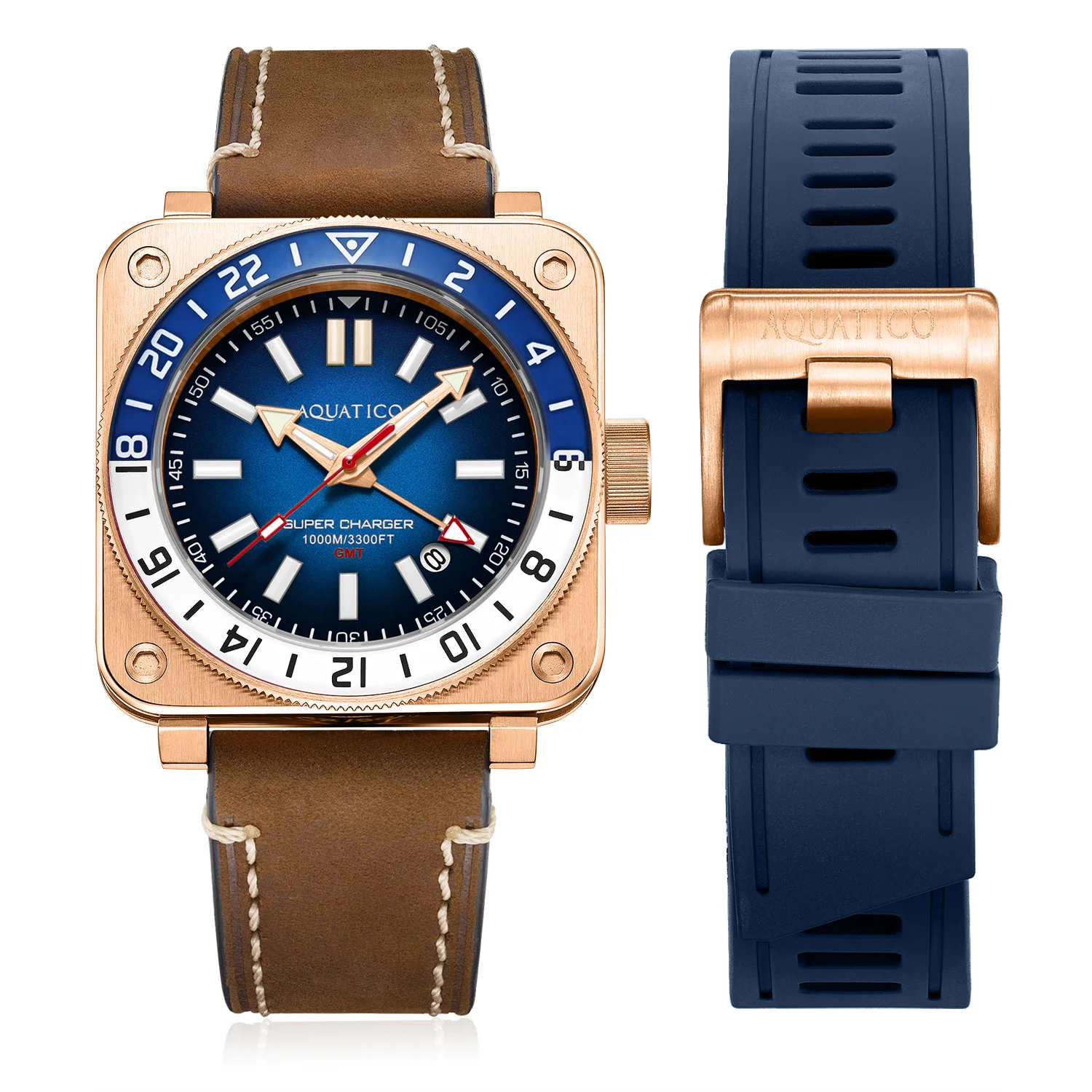 

Aquatico Super Charger GMT Watch (Blue Dial Blue/White Bezel)