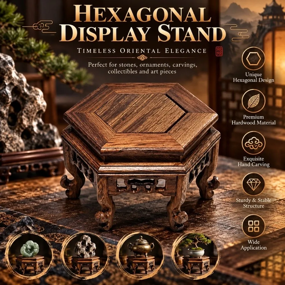 Présentoir en bois massif, support de bonsaï sculpté à la main, base hexagonale en bois, support pour pot de fleurs, support pour théière, présentoir en bois, jardin.