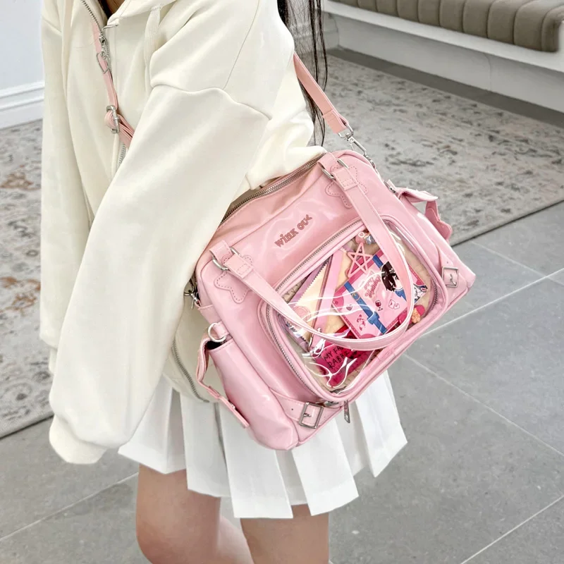 Sweet Japanese Cute Large Capacity Transparent Itabag Kawaii Leather Shoulder Crossbody Bag Bolso Badge Underarm Handbag