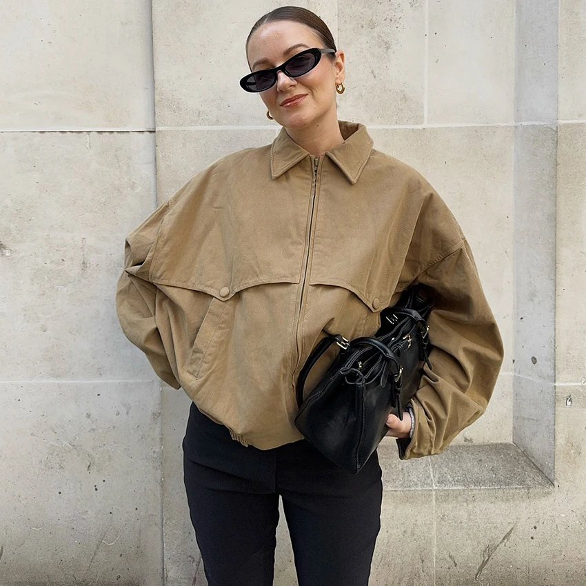 

Linad винтажное пальто цвета хаки с воротником-стойкой на молнии уличный шик с карманами куртка женская повседневная осенняя верхняя одежда с длинными рукавами топ 2025