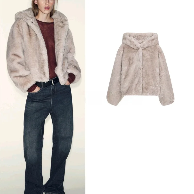 

Winter New Women's Long Sleeve Non-Removable Hooded Artificial Fur Jacket Coat French Style Polyester Fiber Standard Fit Shor...