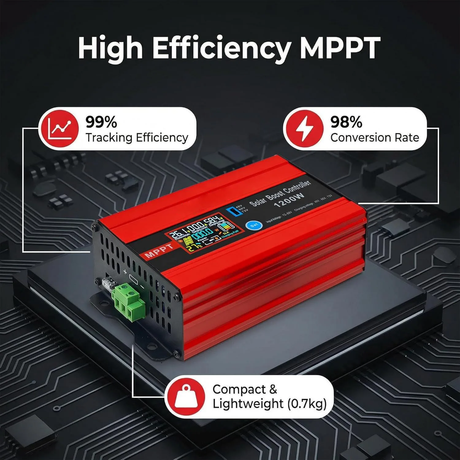 MPPT Solar Boost Controller, 1200W, Universal Input 12-60V, Output 48V-72V for EV Charging
