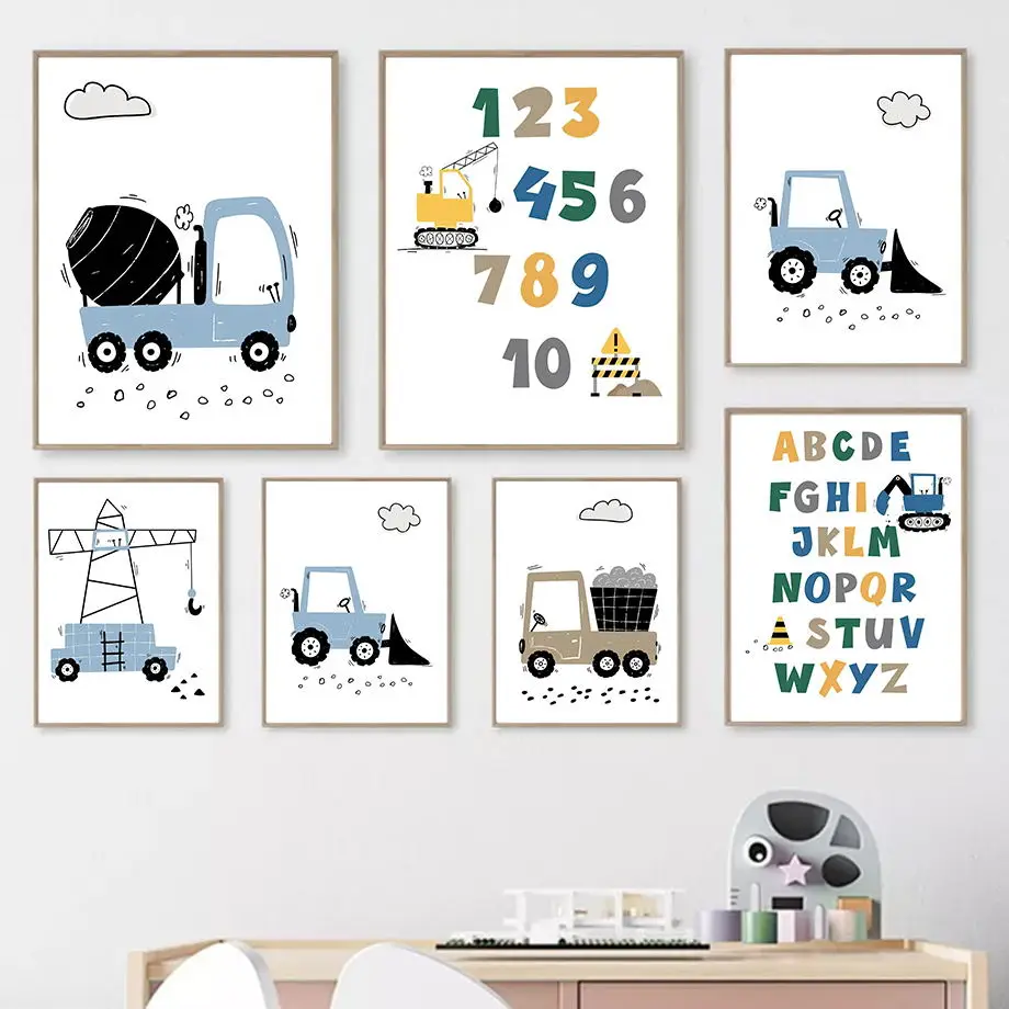 الكرتون الأبجدية 123 رافعة حفارة جرار جدار قماش رسم مطبوع اللوحة الشمال المشارك الحضانة صور الطفل غرفة الاطفال ديكور