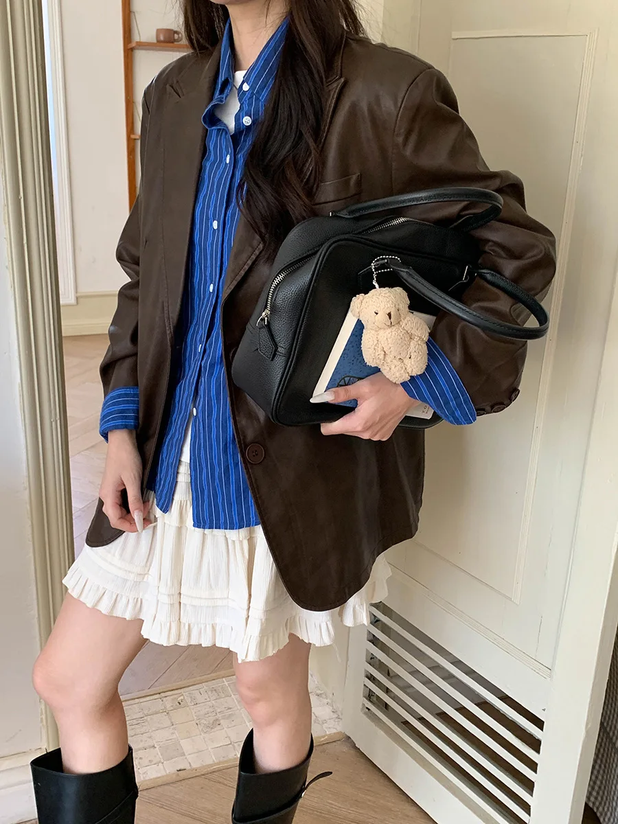 Women's Retro Loose Slim Fit Leather Jacket Autumn 2025 Casual Long Sleeve Coat Fashionable Outerwear