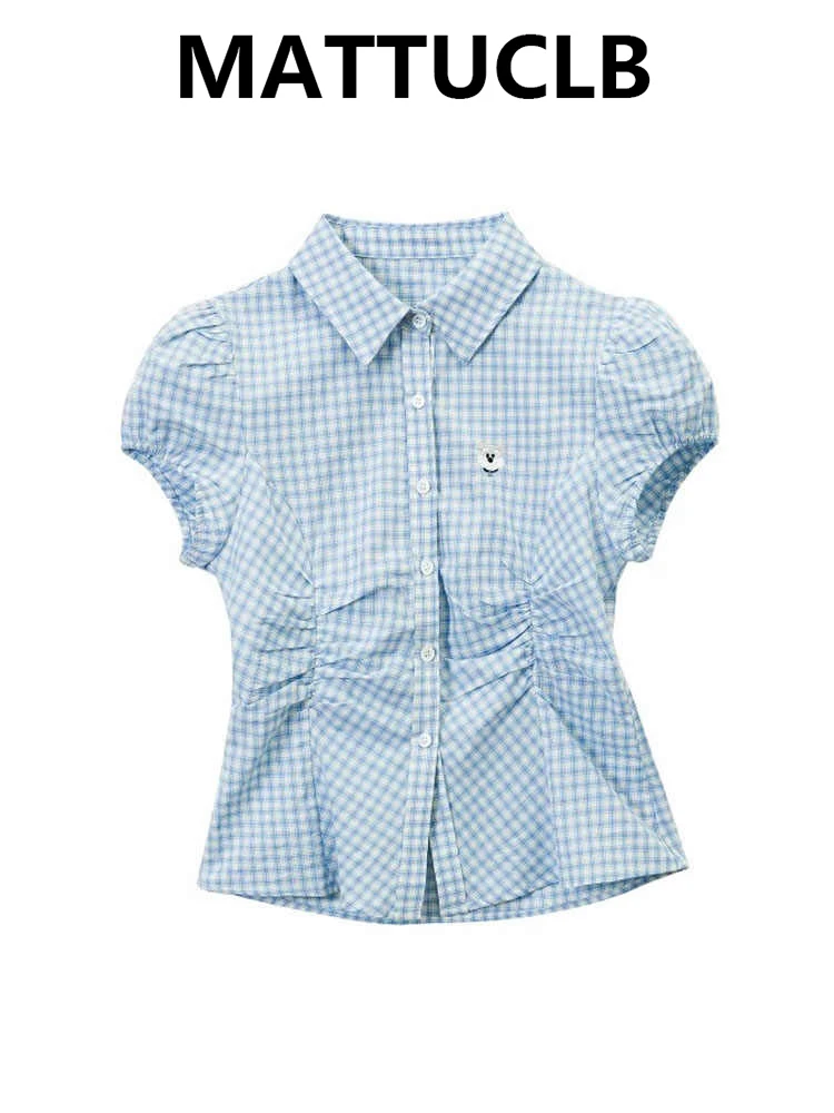2026 Summer Women Short Sleeve Shirt Plaid Shoujo Korean Fashion Tops Y2k 2000s Aesthetic Design Trendy Blouse College Style
