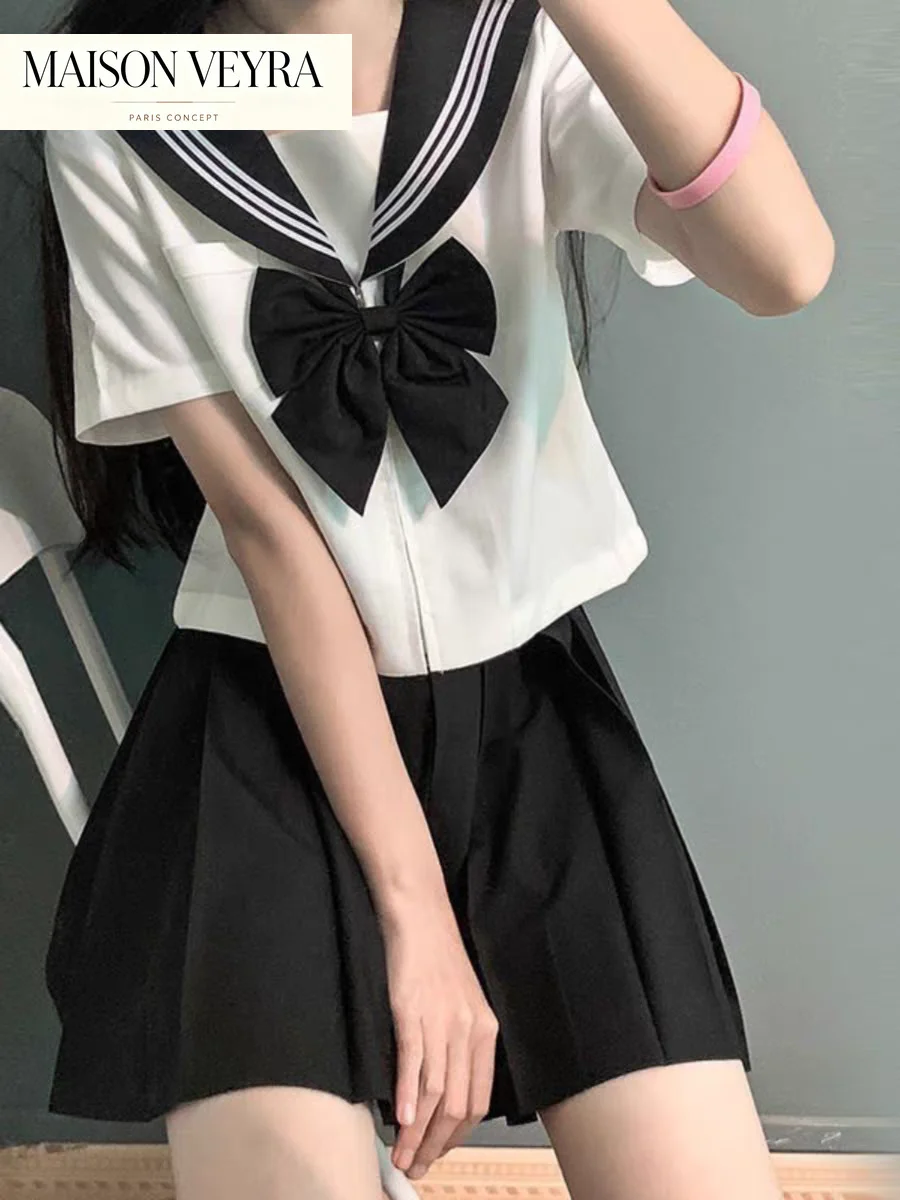Uniforme Escolar Básico JK con Cuello Negro y Líneas Blancas, Traje de Marinero para Niña, Falda Plisada Estilo Japonés, Ropa de Anime COS, Disfraces para Mujer
