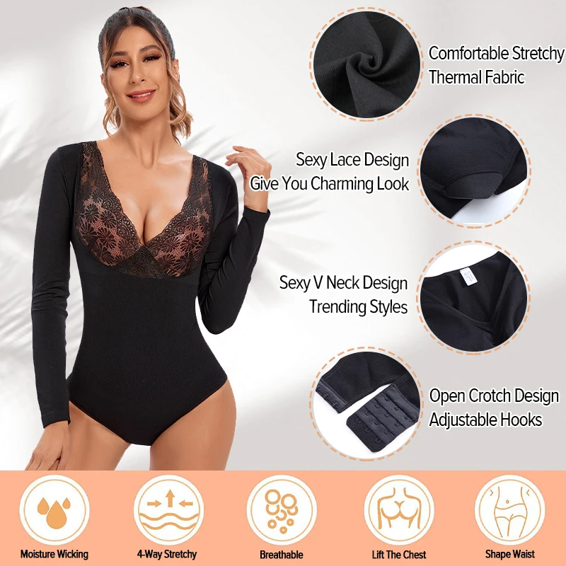Womens Sexy Lace V Neck Bodysuit Shapewear Autumn Winter Tummy Control Thermal Underwear Flat Belly Warm Full Body Shaper