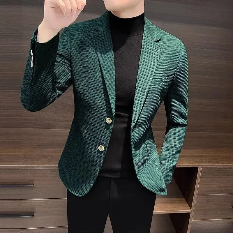 Elbise ceketler Slim Fit mont ceket erkekler için iş adamı takım elbise ve Blazers ince ekose lüks tasarımcı yaz yüksek kalite yeni