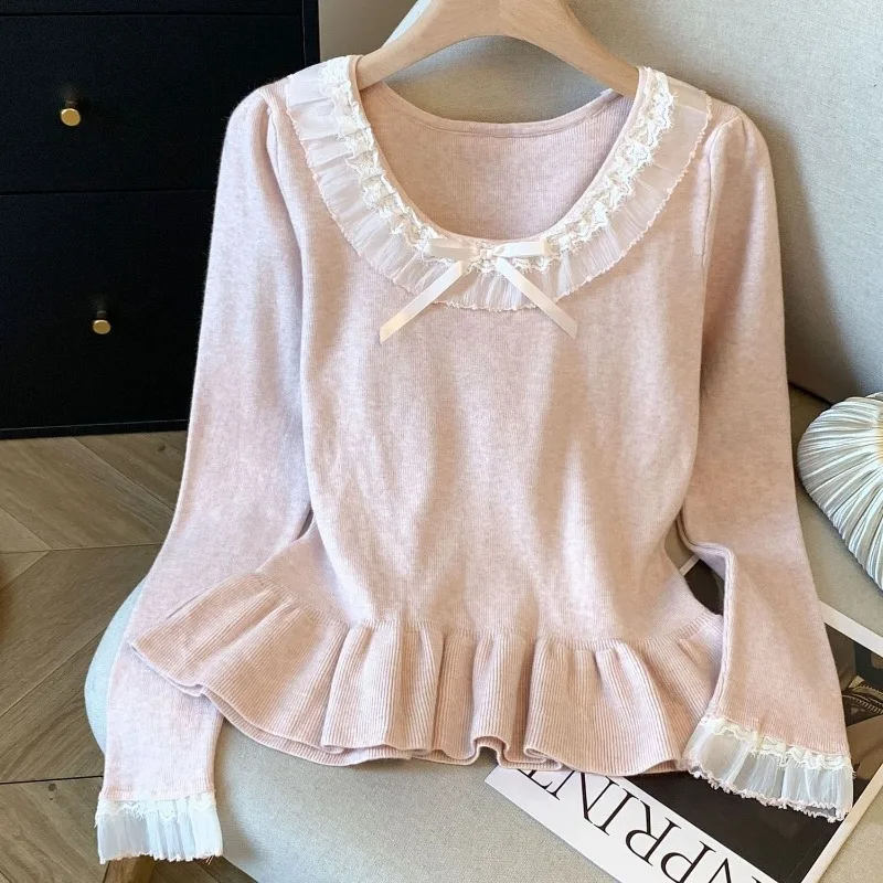 

Осень 2025 г., короткий женский тонкий вязаный свитер, однотонный свитер, куртка с длинными рукавами, топ, пуловер