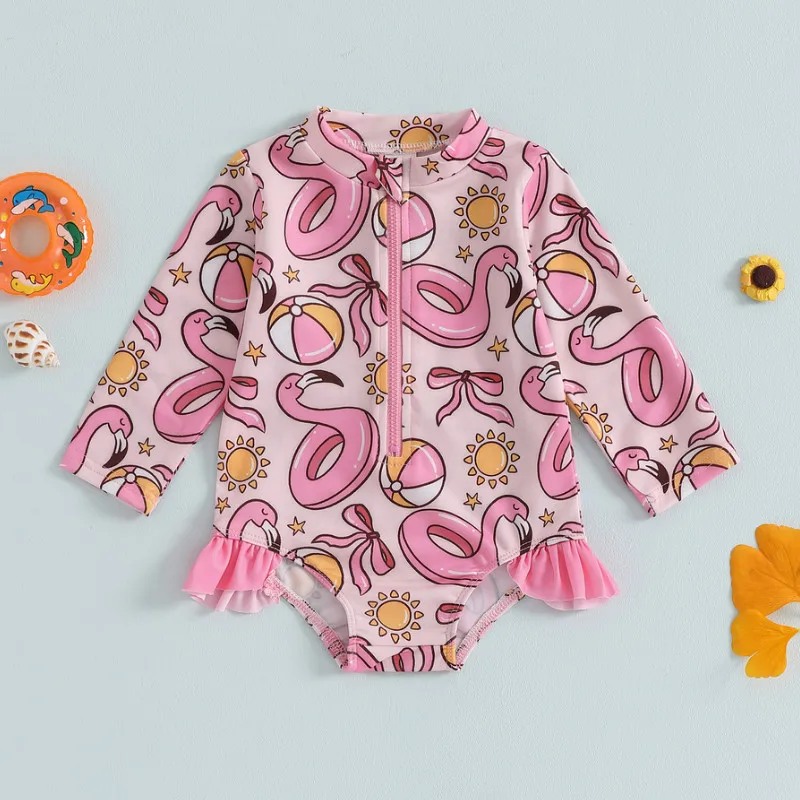 0 إلى 5 سنوات طفلة كشكش ملابس السباحة سحاب أكمام طويلة طفح الحرس ثوب السباحة لطيف القوس نمط ملابس السباحة