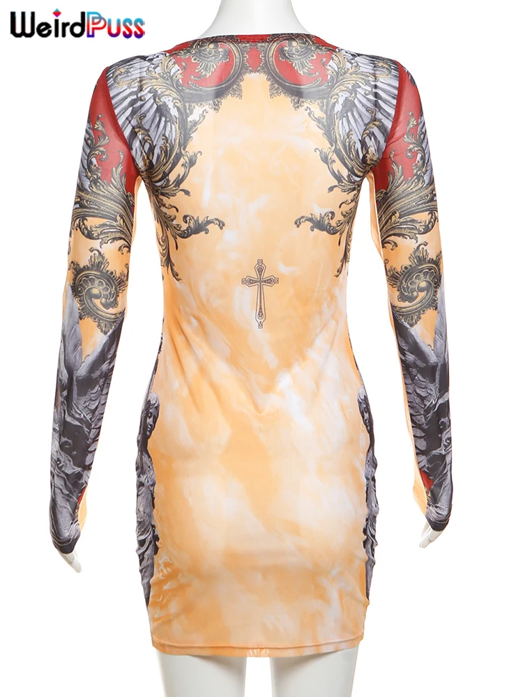 Weird Puss Chic Gradient Print Women Dress See Through Long Sleeve O-Neck Skinny Special Wing Hipster Bodycon Midnight Clubwear