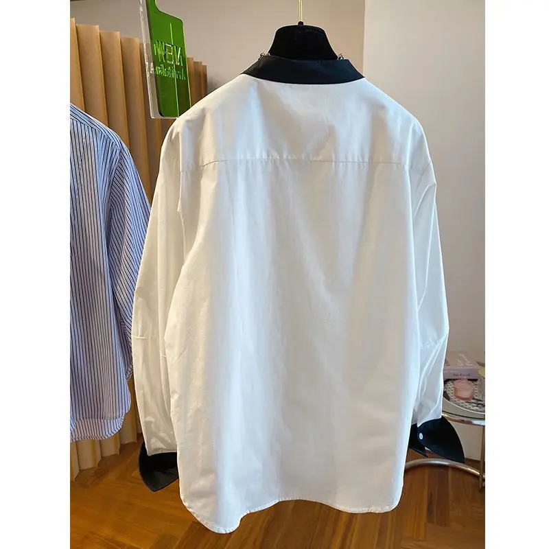 Blusas Mujer White Blouse Cotton Spring New Korean Contrast Round Neck Long Sleeved Tops Ropa Loose Pleated Lady Shirts 2024