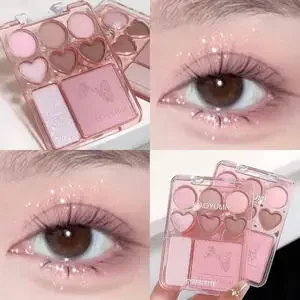 Heart-shaped 8-color eyeshadow tray with blush highlight - matte, glitter, high-gloss effect - pink, berry, brown, tone