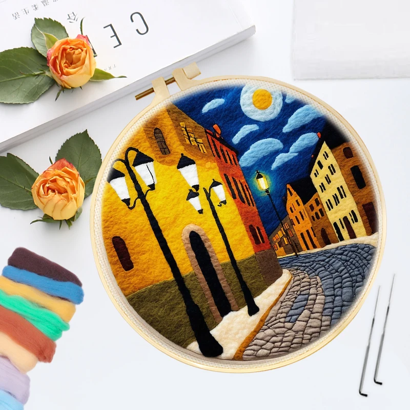 CHENISTORY Town Landscape Diy Wool Felting Painting With Frame For Mom Gift Kit Painting Handcraft Needle Wool Wall Home Decor