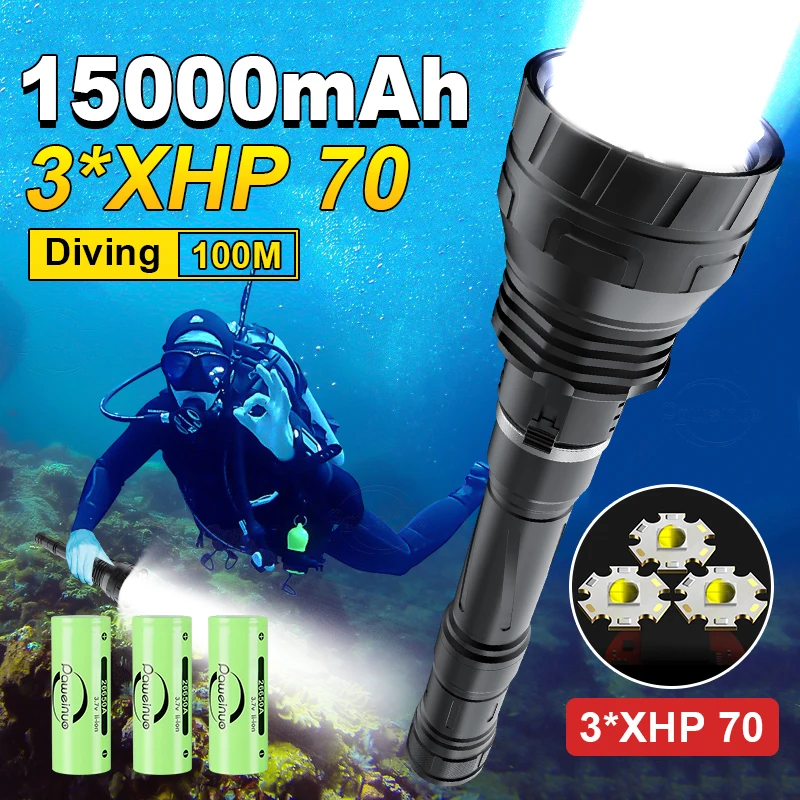 15000mAH Super Bright Diving Flashlight 3*XHP70 LED Professional Powerful Scuba Lantern  IPX8 Underwater 100M Hunting Torch