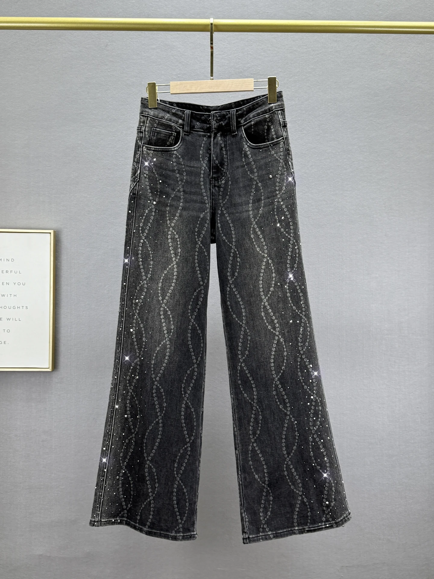 

Heavy Du Rhinestone Denim High Waist Wide Leg Pants Women's Loose Fit Slimming Long Trousers Autumn New Sle European Sle