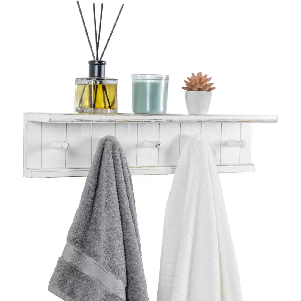 

Настенная винтажная белая деревянная полка с 5 крючками и держателем для полотенец