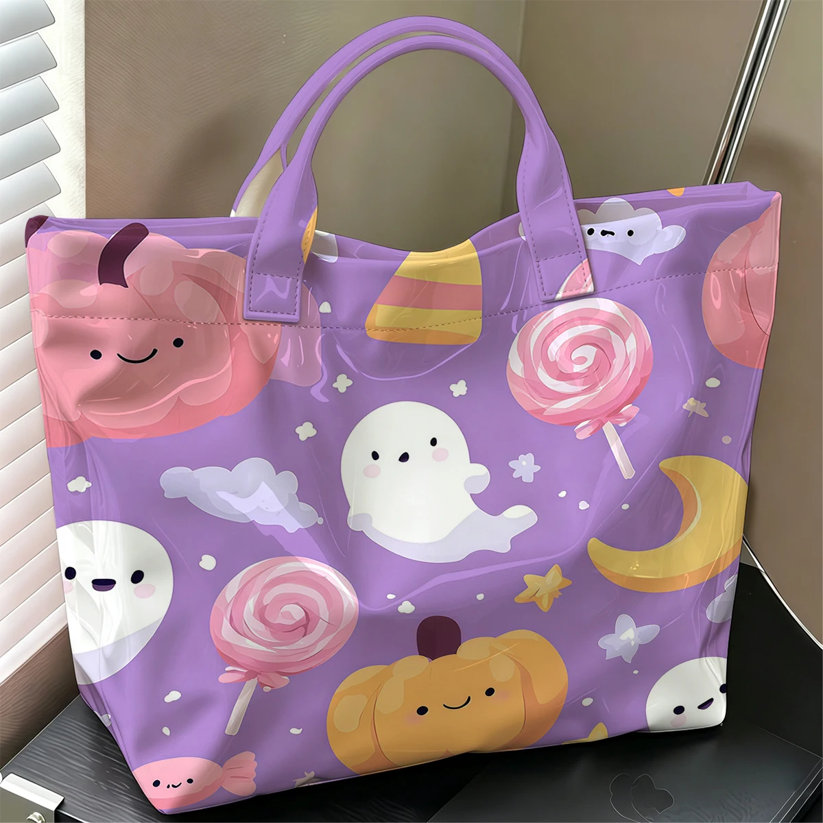 Halloween Candy Ghost Fashion Large Glossy PVC Tote Bag Hand Washable Waterproof Perfect Travel Commute Cosmetic Storage Shopper