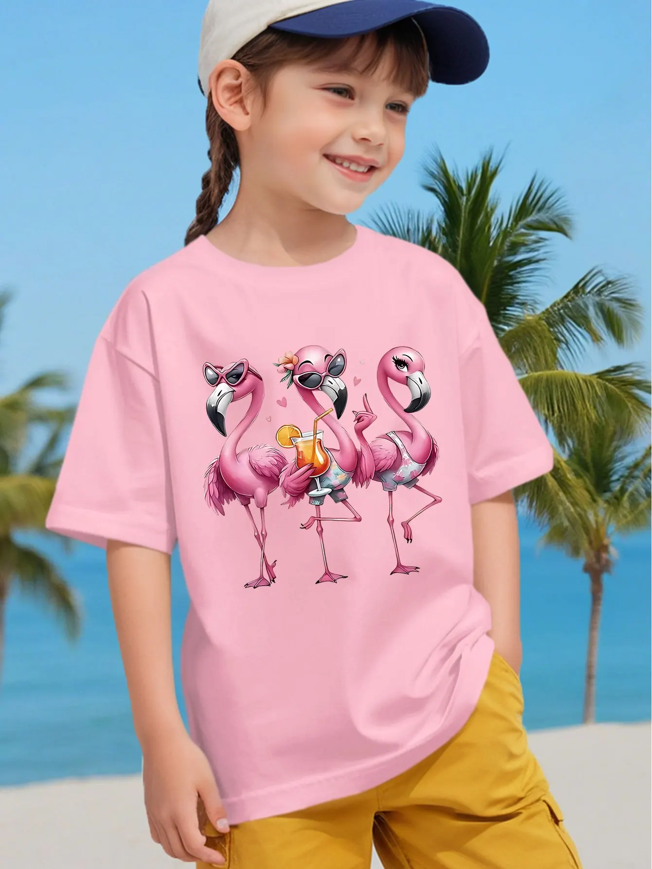 Summer Flamingo Kids Tropical Cartoon Graphic Print Boys Girls Family Matching Cotton Summer Short Sleeve Basic Children Tshirt