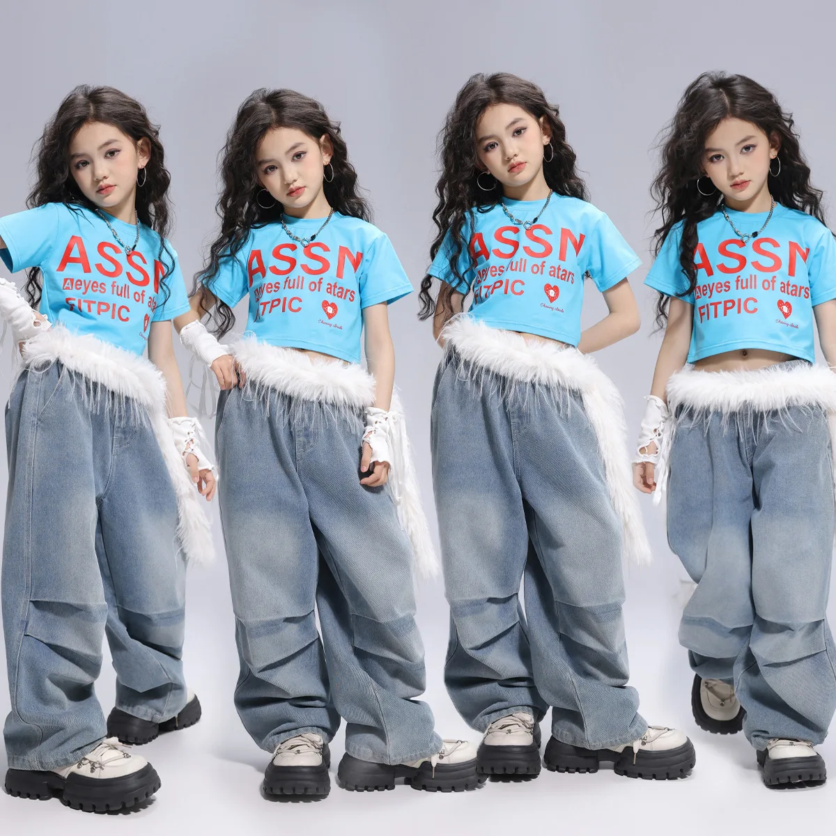 Kid Hip Hop Clothing White Side Cut-out Tank Top Denim Blue Casual Parachute Jeans Baggy Pants for Girl Dance Costumes Clothes