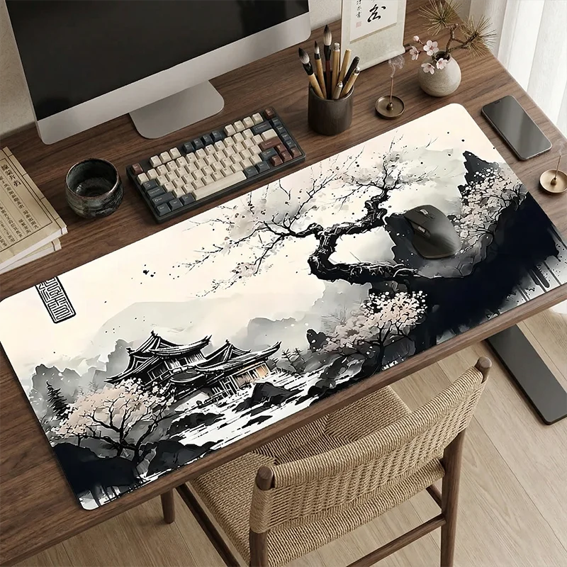 

Traditional Chinese Tablecloth Ink Painting Desk Mat Plum Blossom Pagoda Large Gaming Mousepad Rubber Keyboard Pad Office