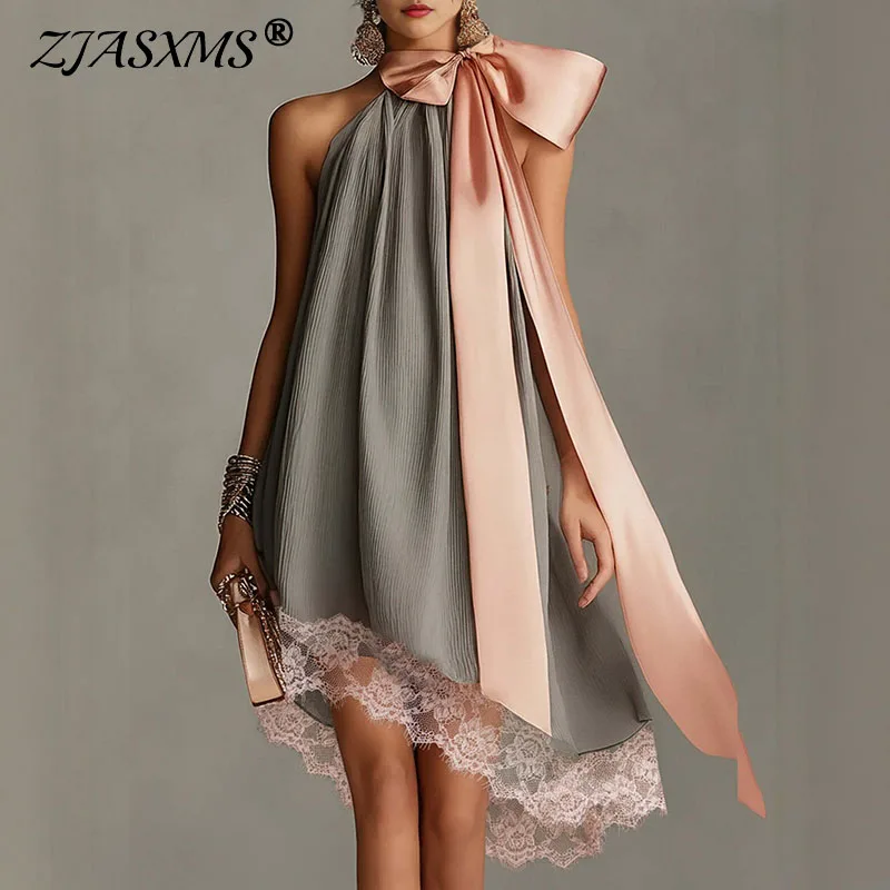 Women Halter Mini Dress Big Bow Neck Pleated Loose Lace Hem Irregular Short Dress Elegant Wedding Guest Cocktail Party Sundress