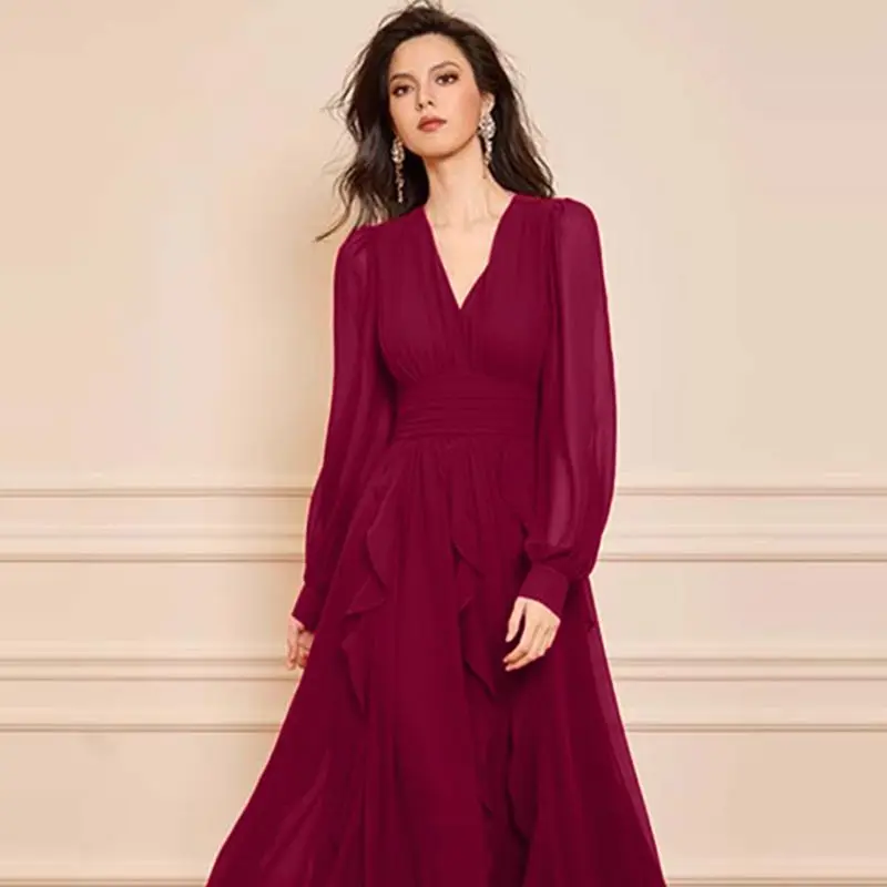 Ele Classic Red Belted Dr مع تصميم كشكش تنورة طويلة ملابس نسائية قابلة للتنفس من ألياف البوليستر #1