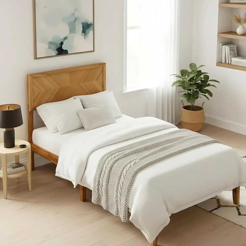 Twin Size Acacia Wood Platform Bed with Wooden Slats and Under-Bed Storage, No Box Spring Needed