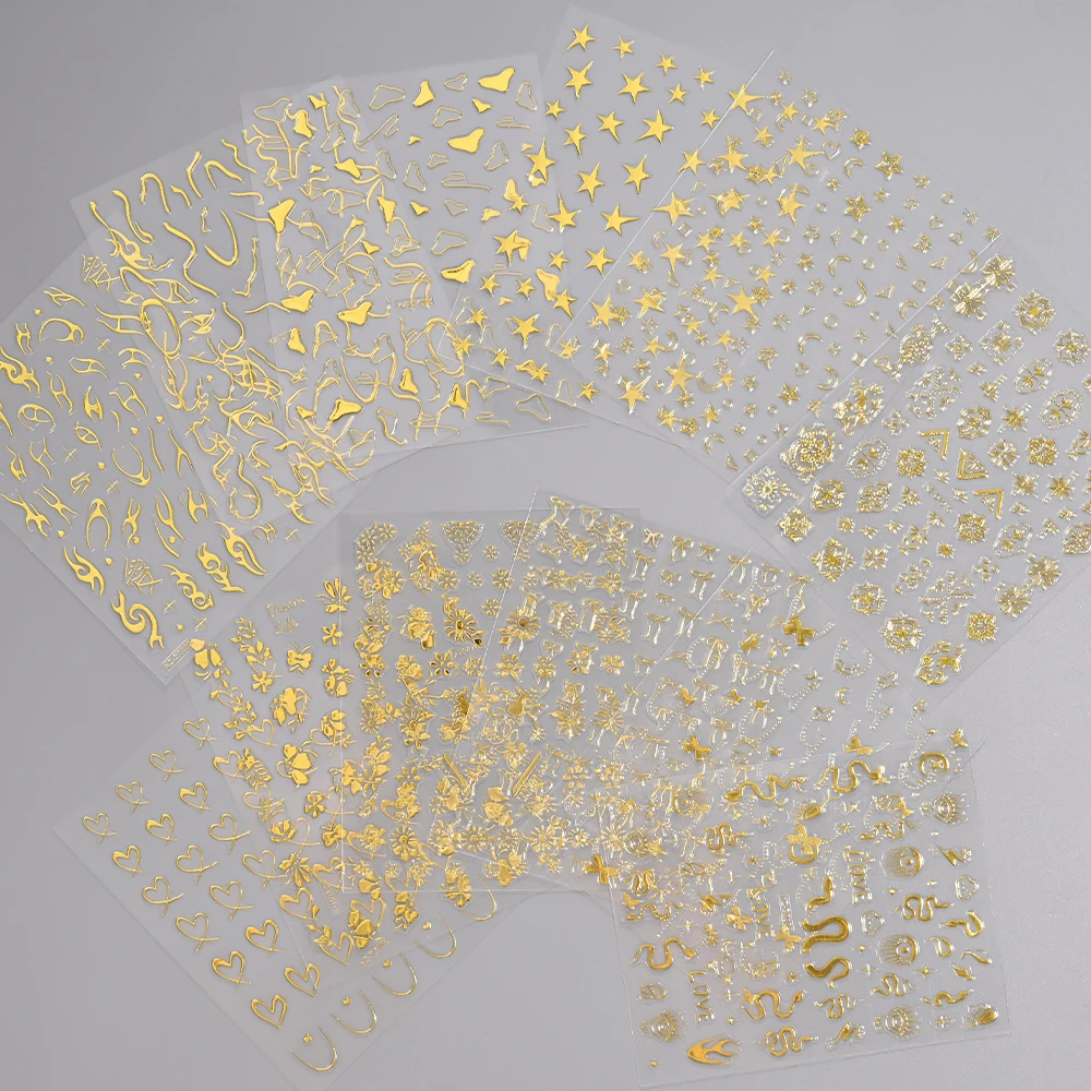 12 Uds. Deslizadores de uñas con corazones y pentagramas geométricos 3D, pegatinas metálicas para decoración de uñas, adhesivo con acabado de espejo dorado y plateado para manicura DIY