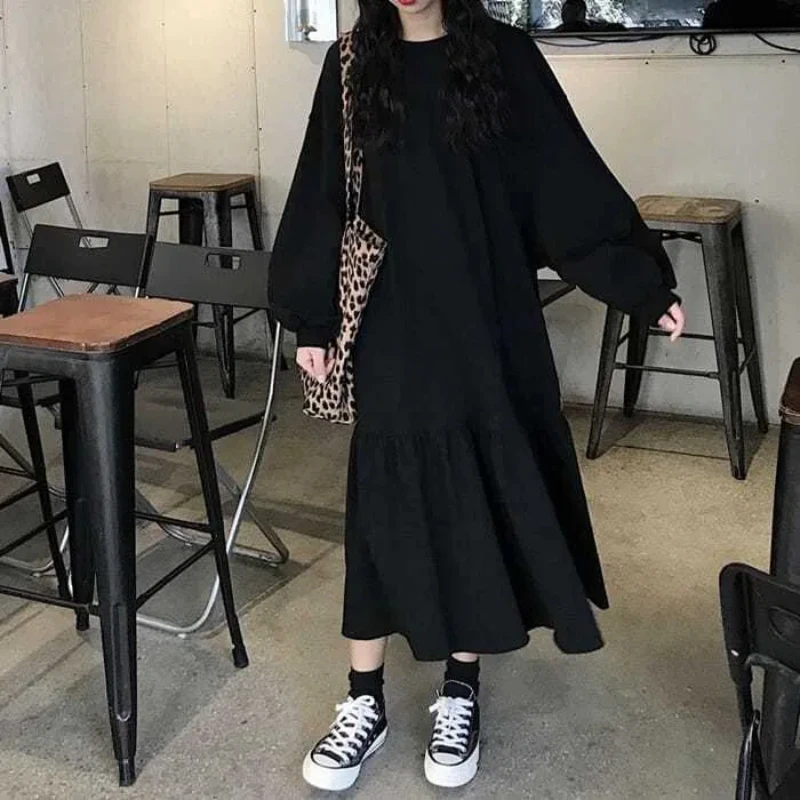 

Spring Autumn New Black Loose Thin Casual Dresses Long Sleeve Plus Size All-match Youth Midi Dress Casual Korean Women Clothing