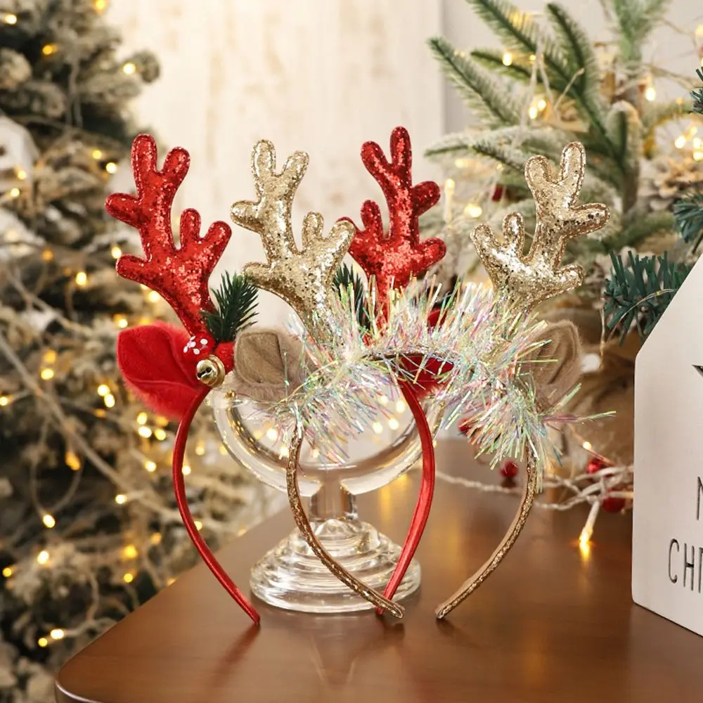 Diademas navideñas con forma de seta y cuerno de ciervo de felpa con campana para fiesta, diademas de estilo coreano, aros para el pelo para mujer con astas de alce