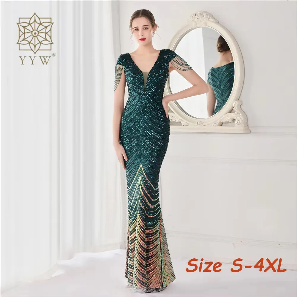 Sexy Deep V Neck Green Sequin Evening Dress Party Maxi Dress Women Beading Dress Long Prom Dress Mermaid Formal Dress