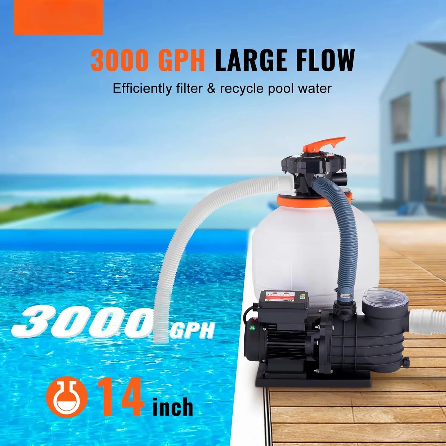 Sand Filter Pump for Above Ground Pools,14-inch,3000 GPH,3/4 HP Swimming Pool Pumps System & Filters Combo Set & Strainer Basket