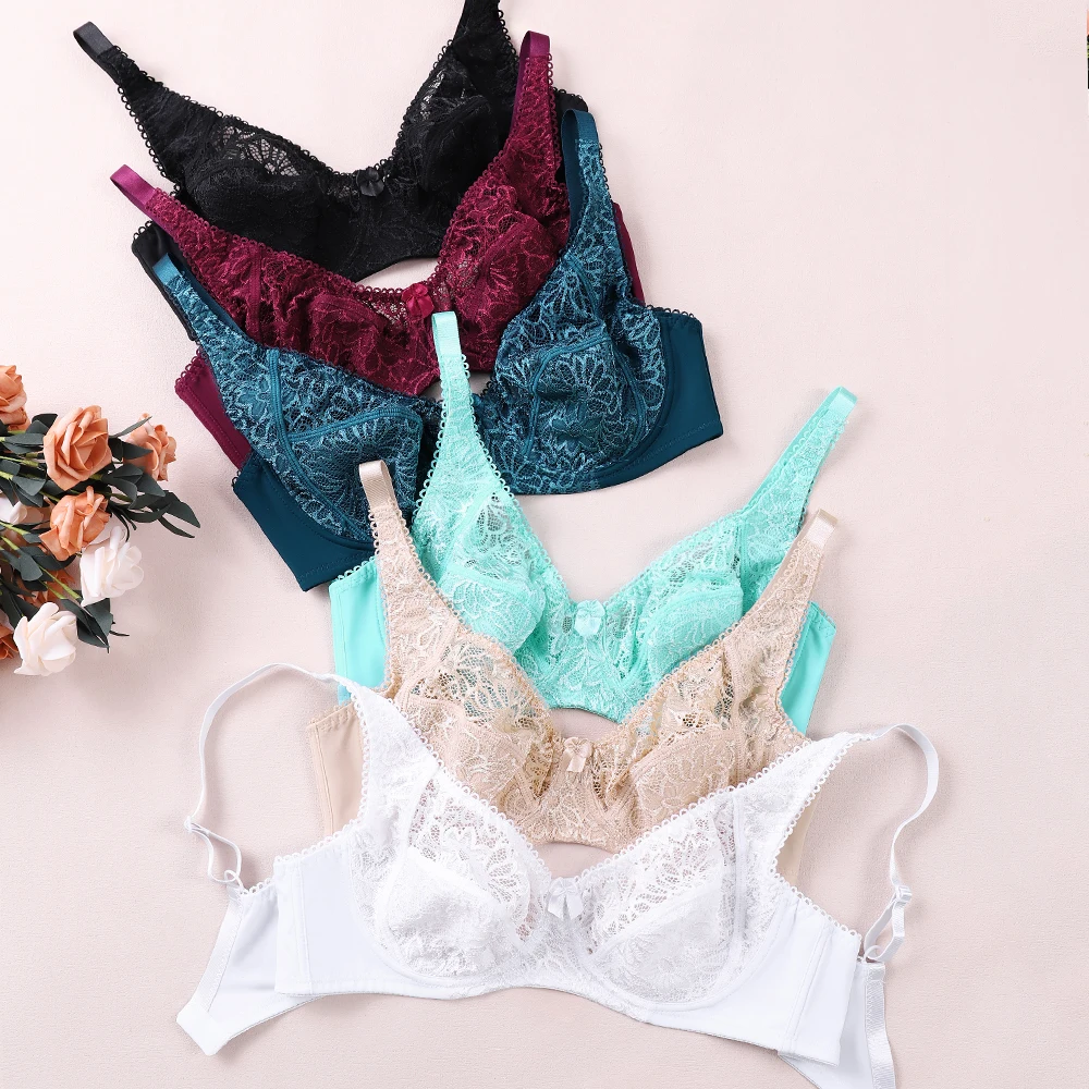 Koronkowe biustonosze dla kobiet Plus rozmiar bielizna wycięcie perspektywy biustonosz kwiatowy fiszbiny hafty Bralette bielizna